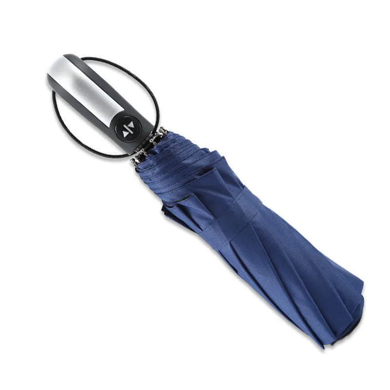 Automatic triple folding business umbrella with steel ribs and rubber handle in black colour