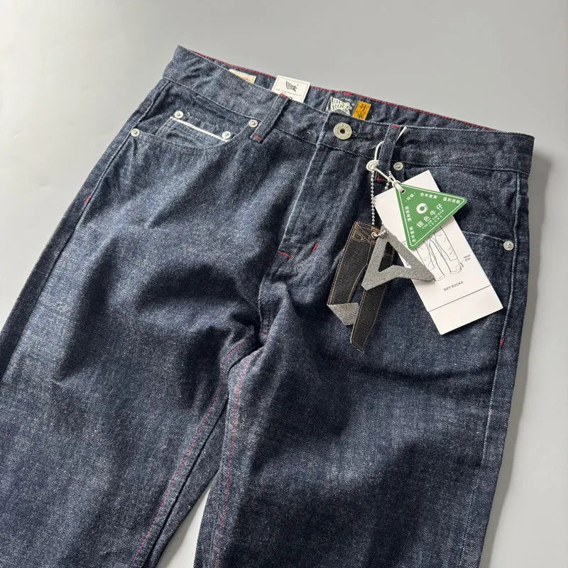 Men's straight leg jeans in American retro style with mid waist design and cotton denim fabric