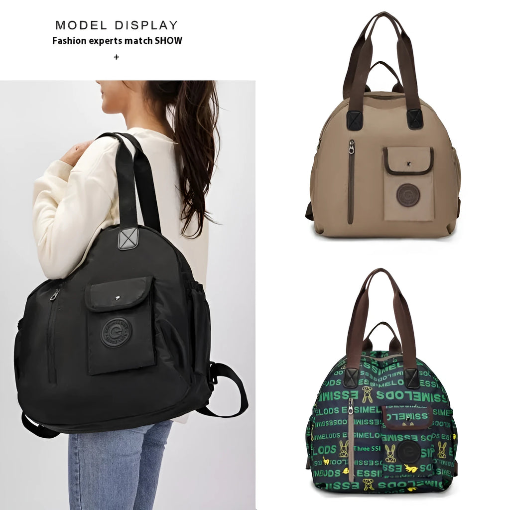 Women's large capacity backpack showing sandwich pocket design and 48cm height dimensions
