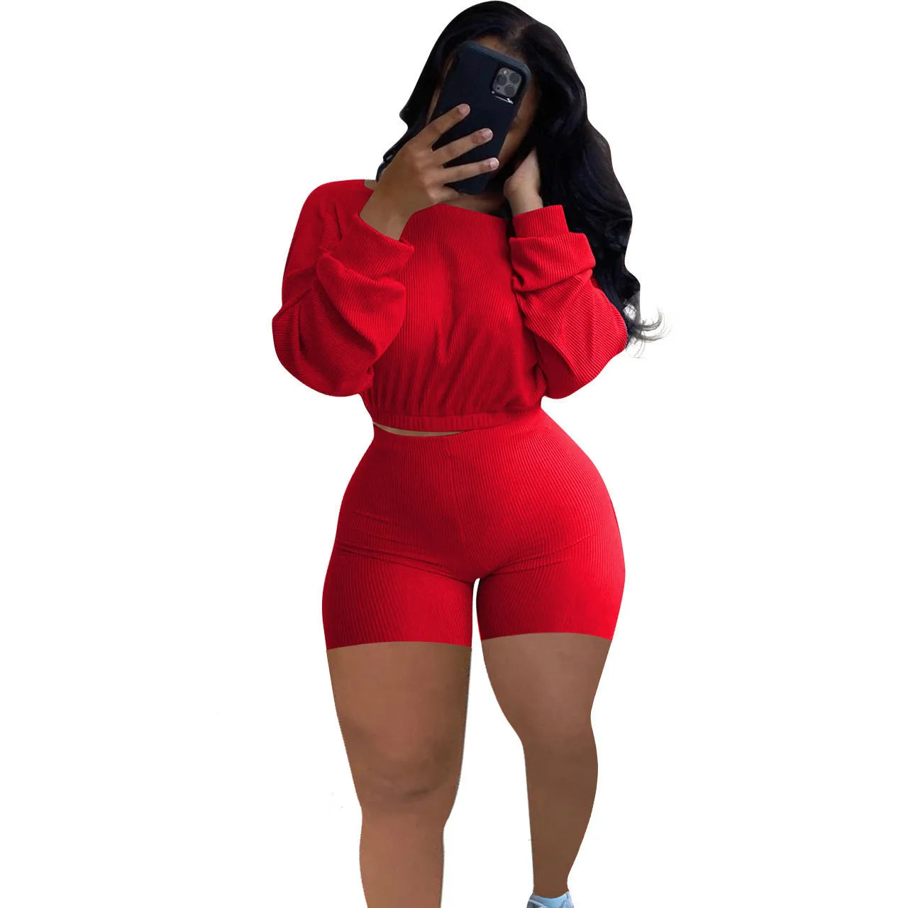 Women's sunken stripe off-the-shoulder long sleeve top with solid colour shorts in a selection of colours