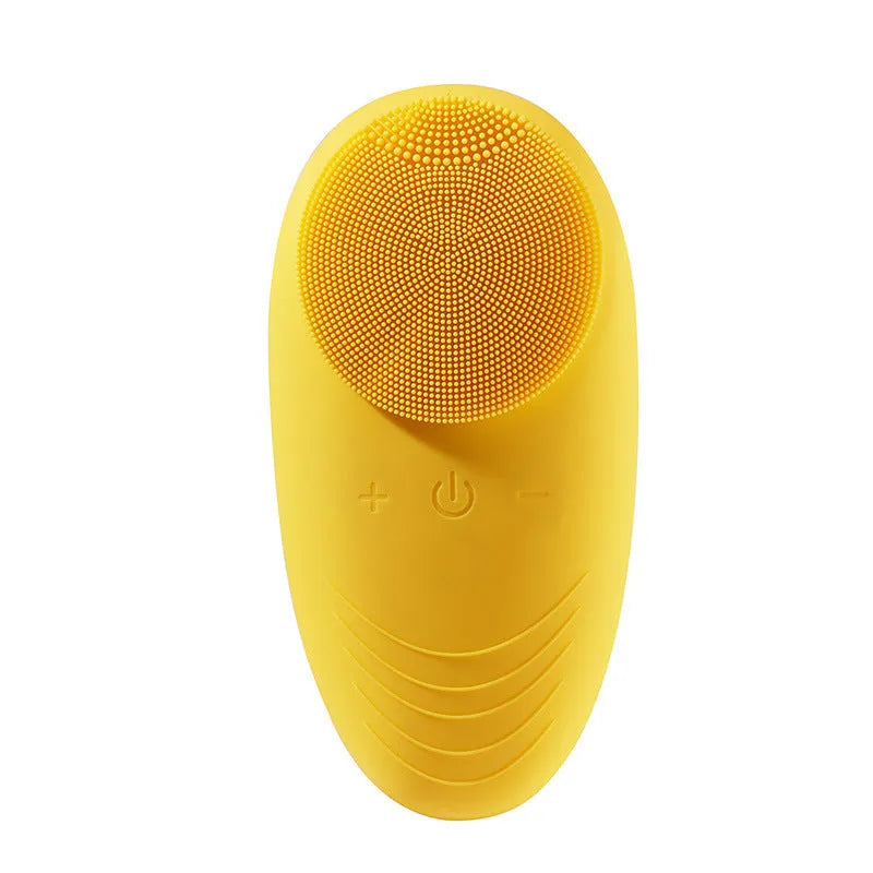Mini electric facial cleansing brush with food-grade silicone brush head in pink, compact design on white background