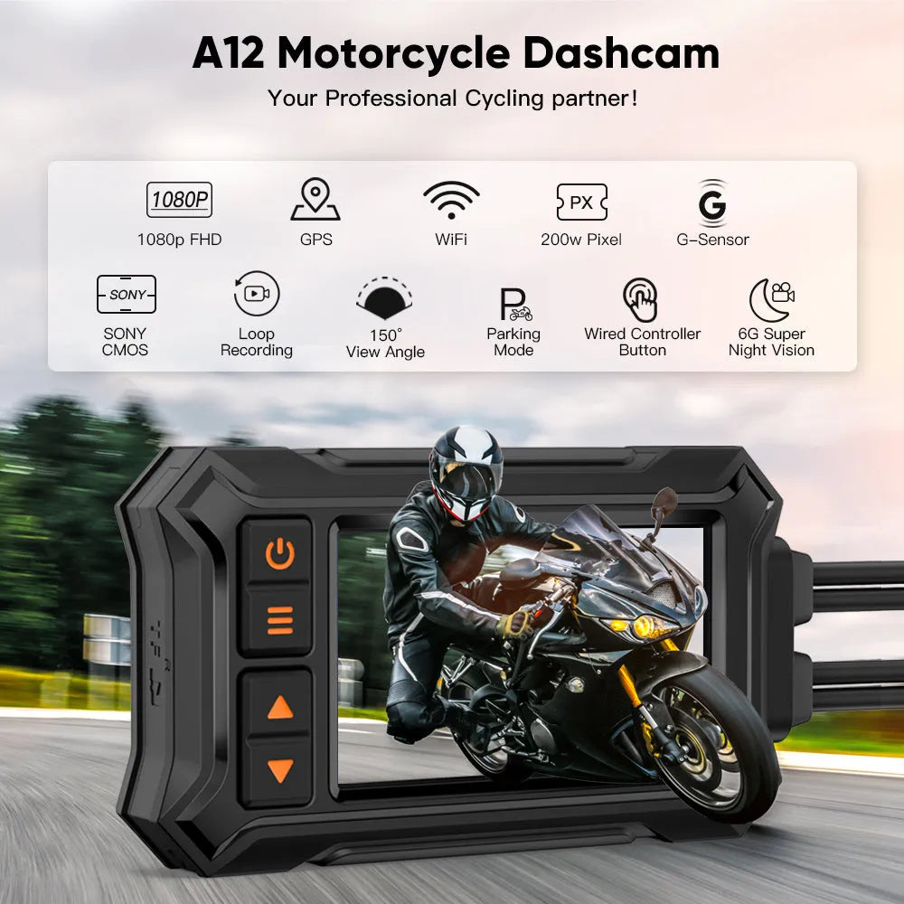 Motorcycle dash camera system with dual lenses, 3-inch display, GPS module, and waterproof housing