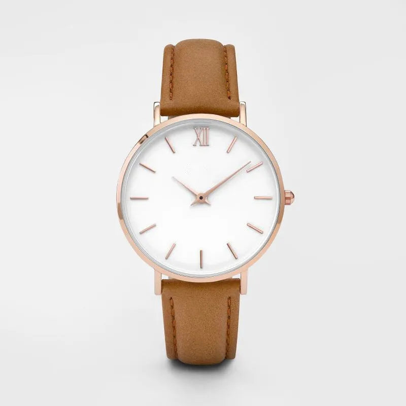 Square-faced quartz watch with a PU leather strap showing colour options on a white background.