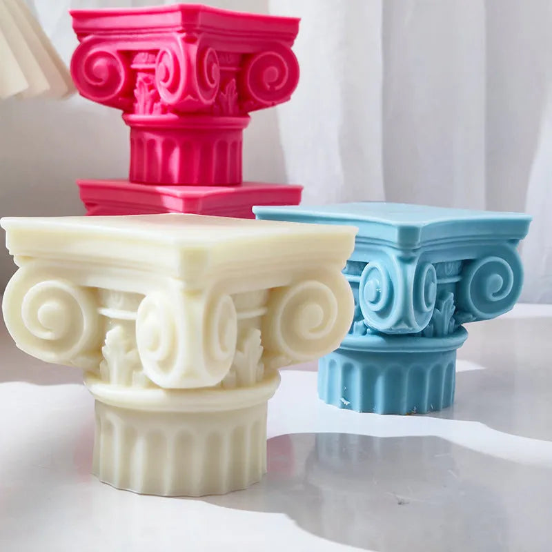 Flexible silicone Roman pillar candle mould on a white background