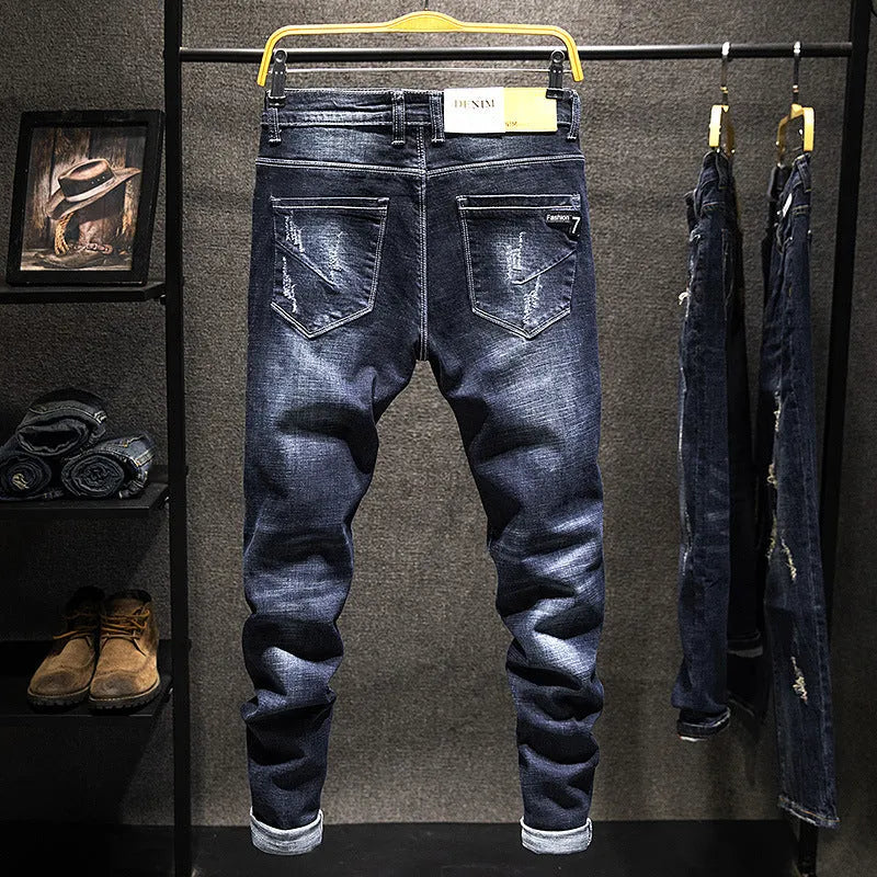 Men's slim-fit skinny jeans in blue cotton denim with stretch, shown in dark and light colour options.