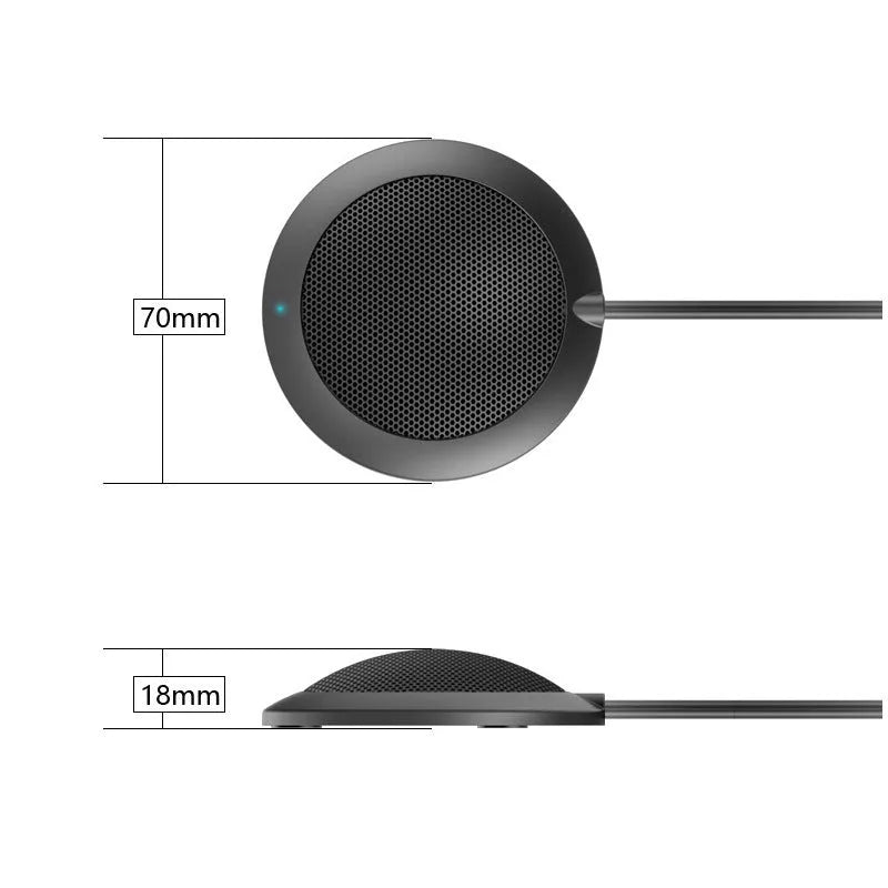 Black circular USB conference microphone with metal mesh grill on a desk