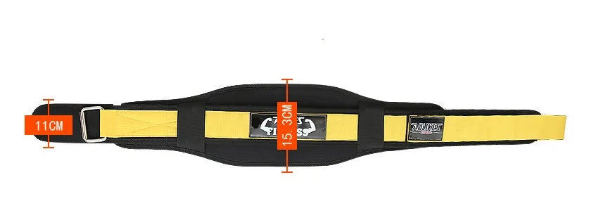 Nylon fitness weightlifting waistband belt in black, red, or yellow, shown in sizes L, M, and XL.