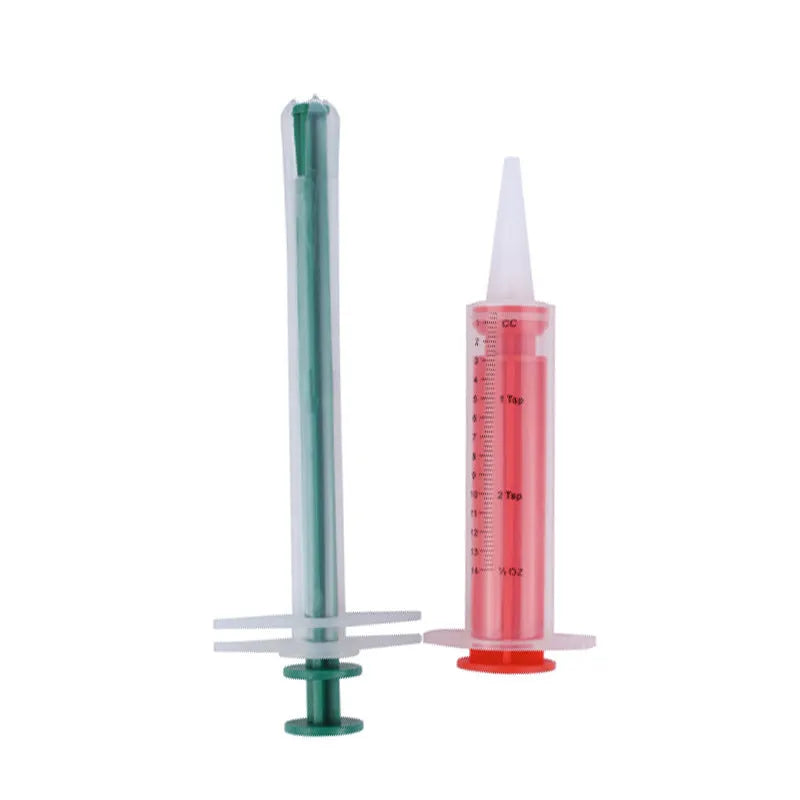 Two silicone pet pill shooter tools with soft tips for administering medication to cats and dogs.