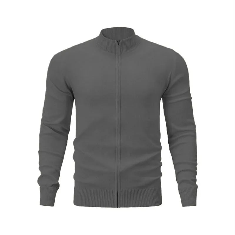 Cotton stand collar casual sports sweater with full-length zipper in loose fit