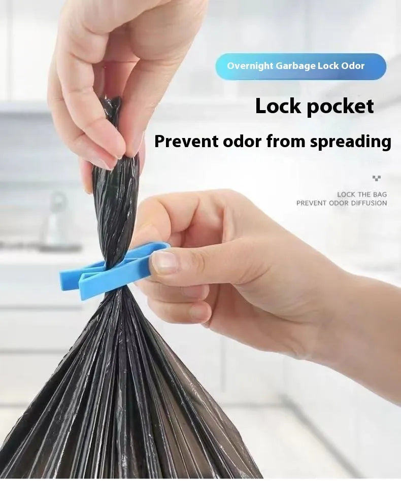 White plastic rubbish bag clip with adjustable 16mm jaws for securing bin liners.