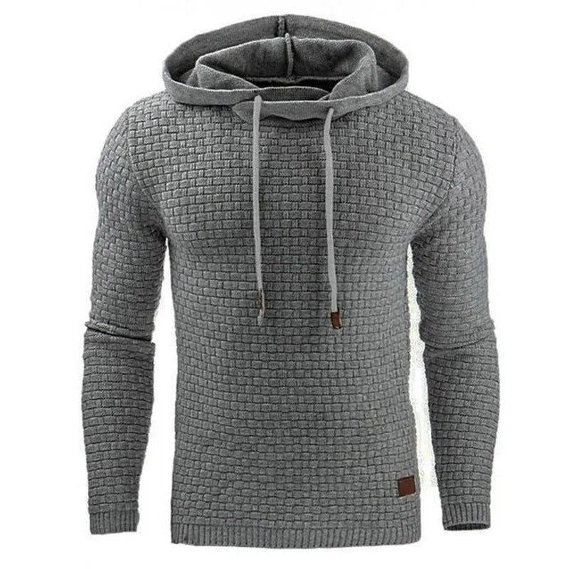 A man's plain hooded sweatshirt in a cotton-polyester blend, shown in multiple colour options.