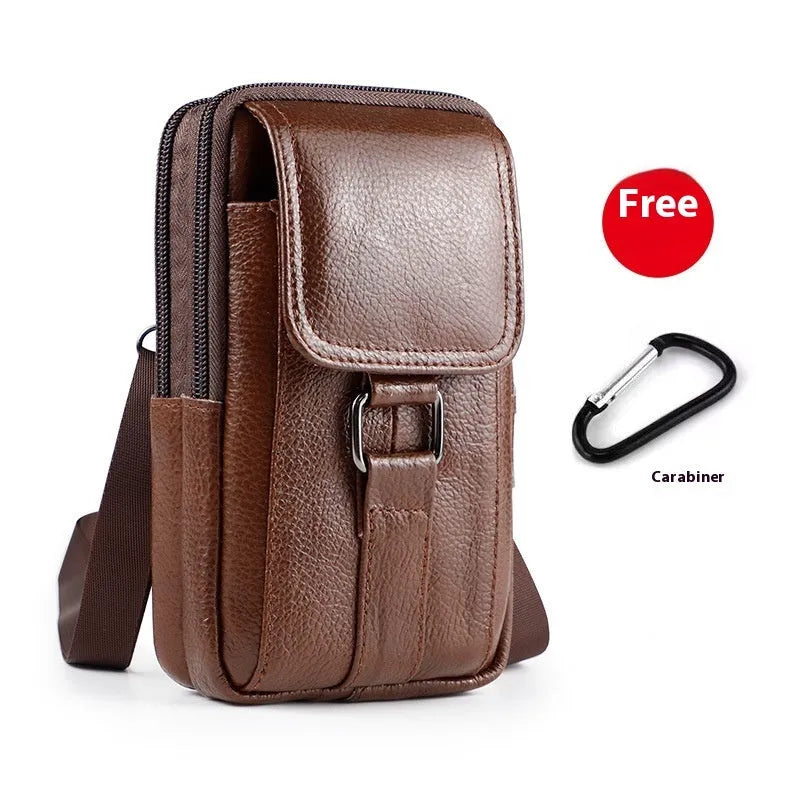 Men's black composite cowhide leather waist crossbody bag with lock fastener and coin pocket