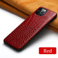 Handmade leather iPhone case featuring a crocodile pattern texture in black, red, brown, or blue.