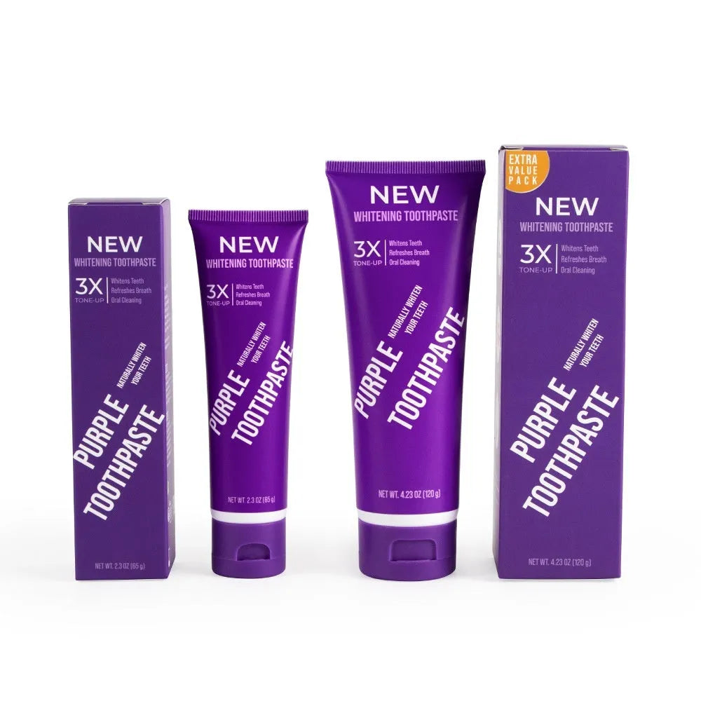 Purple whitening toothpaste tube for adults in 120g and 65g sizes.