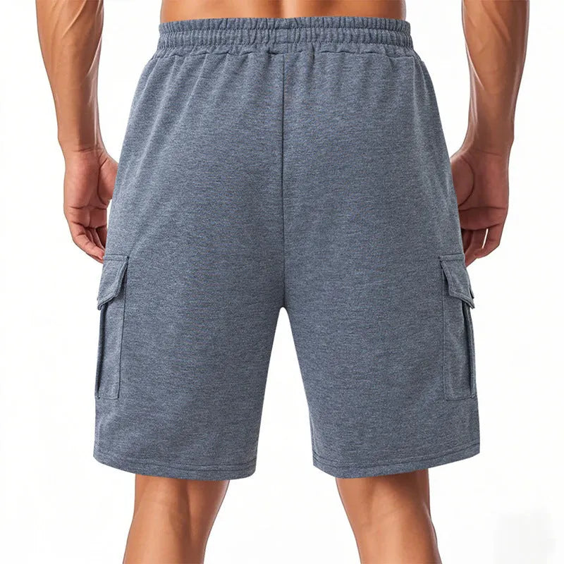 Man's loose fit multi-pocket cargo shorts in light grey heavy ring fabric.