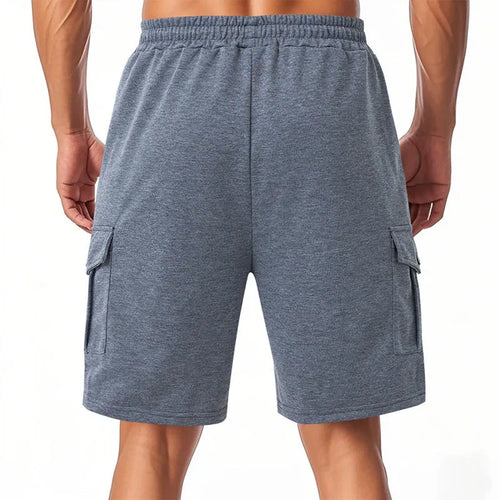 Man's loose fit multi-pocket cargo shorts in light grey heavy ring fabric.