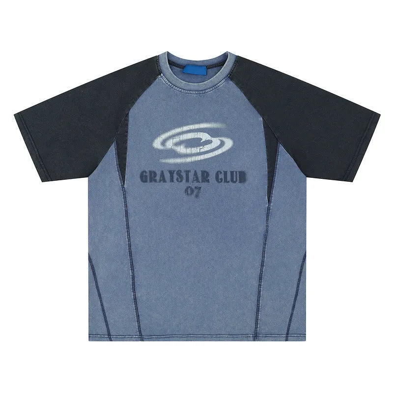Men's blue hip hop letter print cotton T-shirt with raglan sleeves shown front view
