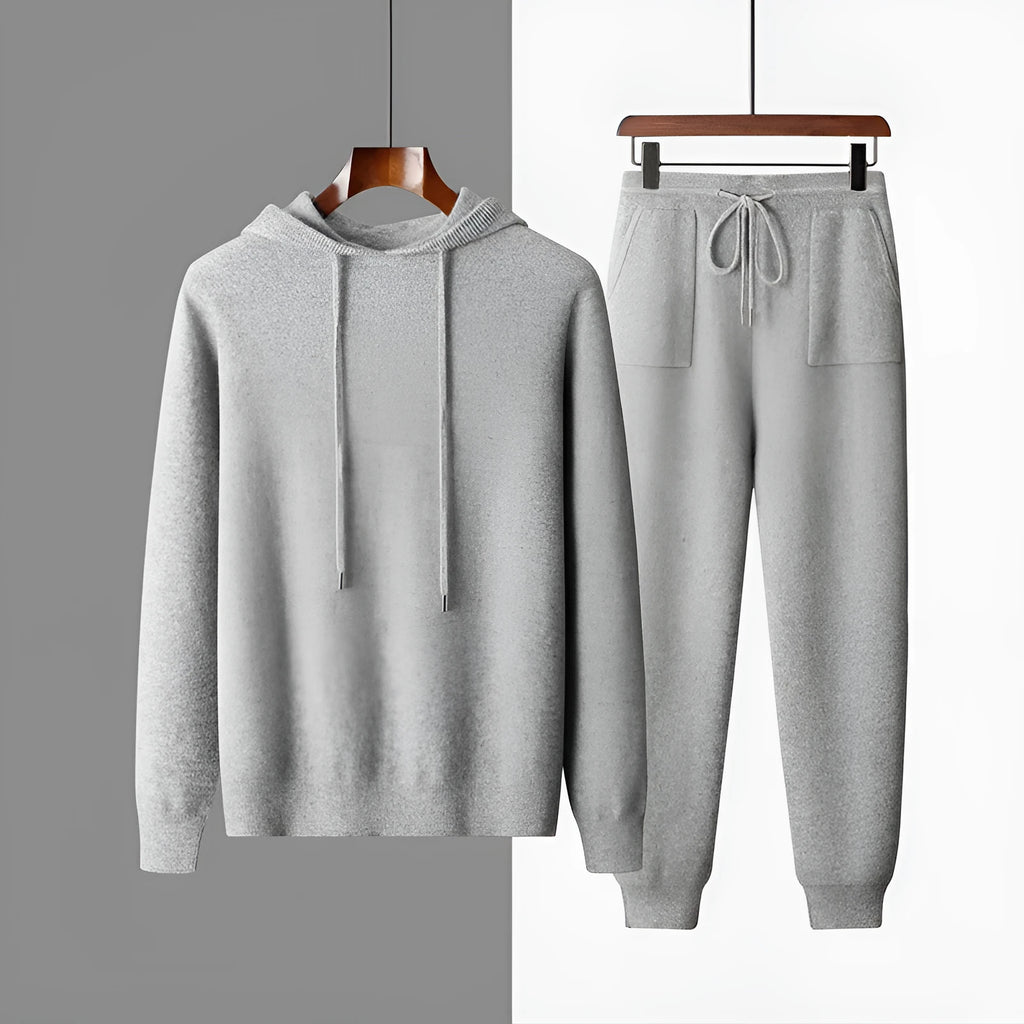 Men's light grey cashmere hooded sweatshirt and matching trousers leisure set on hanger