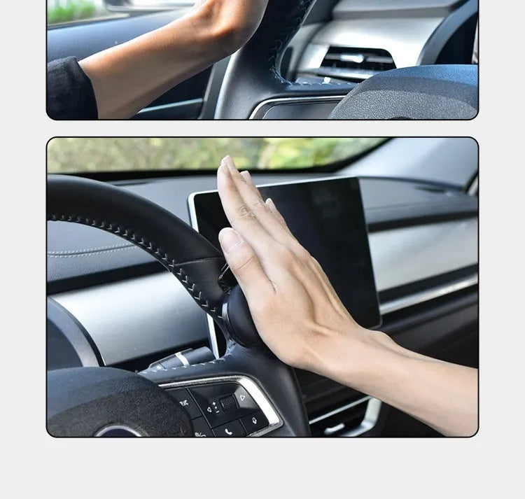 Close-up of black silicone steering wheel assist ball with metal bearing mechanism attached to a car steering wheel rim