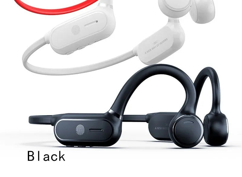 Black air conduction wireless earphones with titanium frame showing ergonomic ear-hanging design