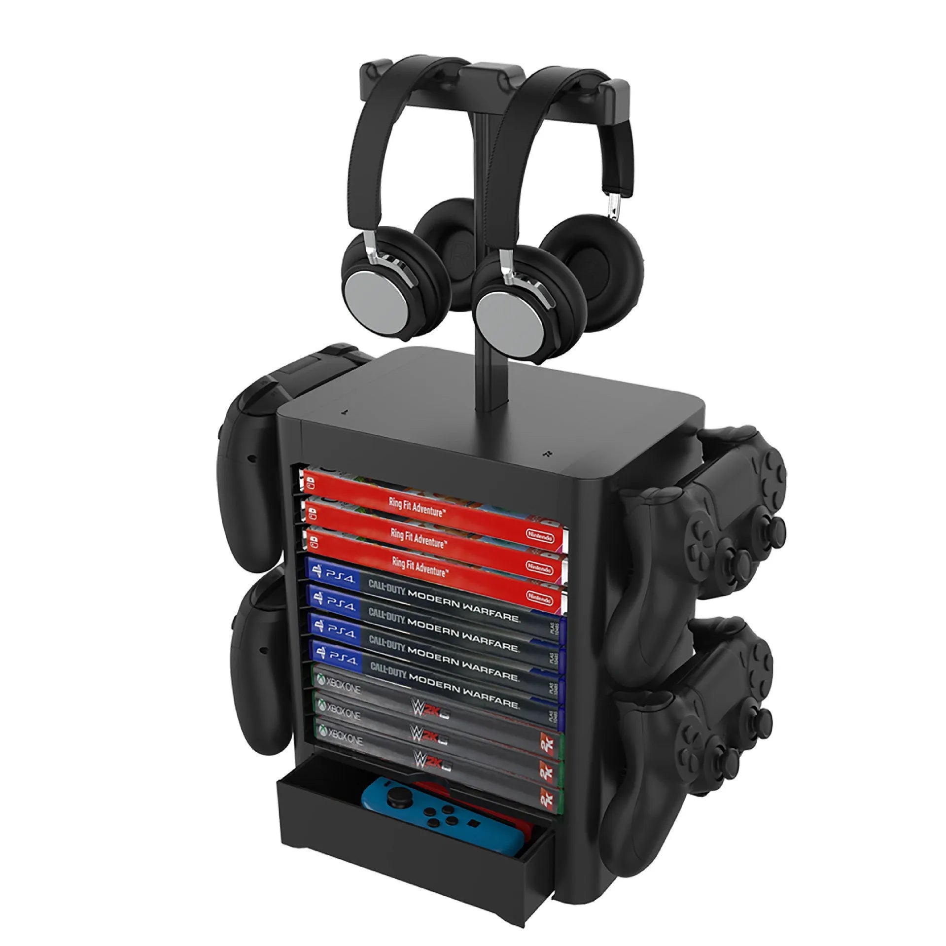 Black gaming organiser rack holding headphones and controllers with drawer for accessories