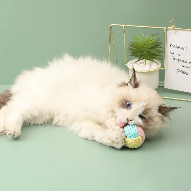 Small handmade blue and pink cotton plush ball cat toy for play and teeth grinding, shown next to a 5cm scale.