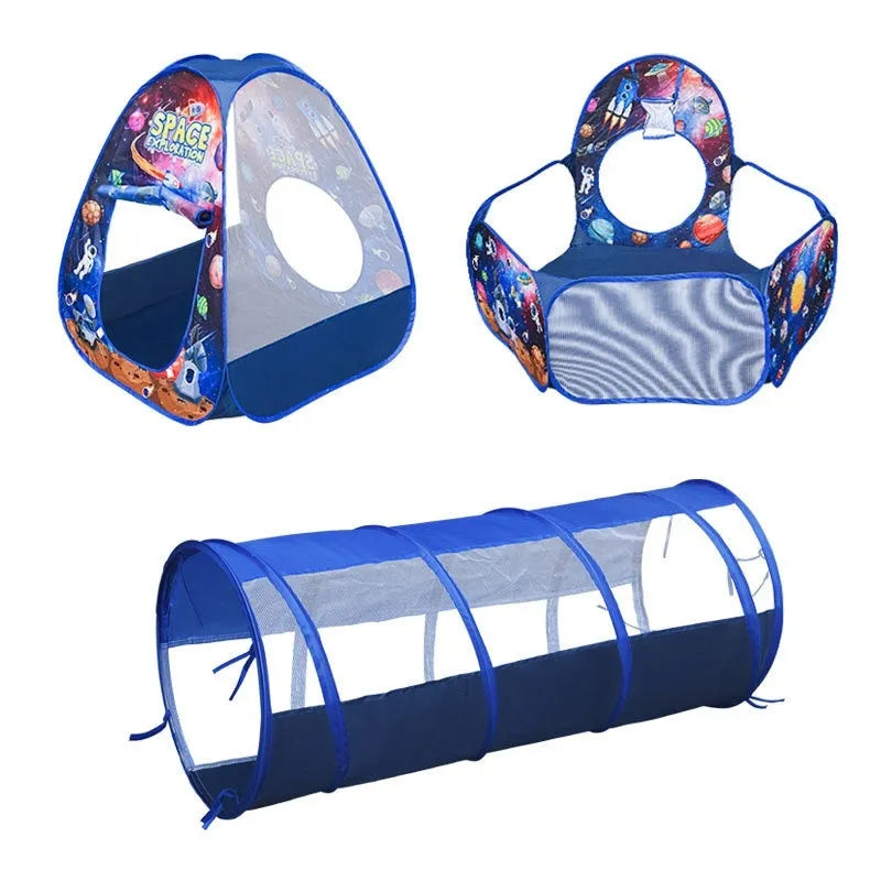 Colourful marine cartoon children's tent with integrated ball pool and crawl tunnel