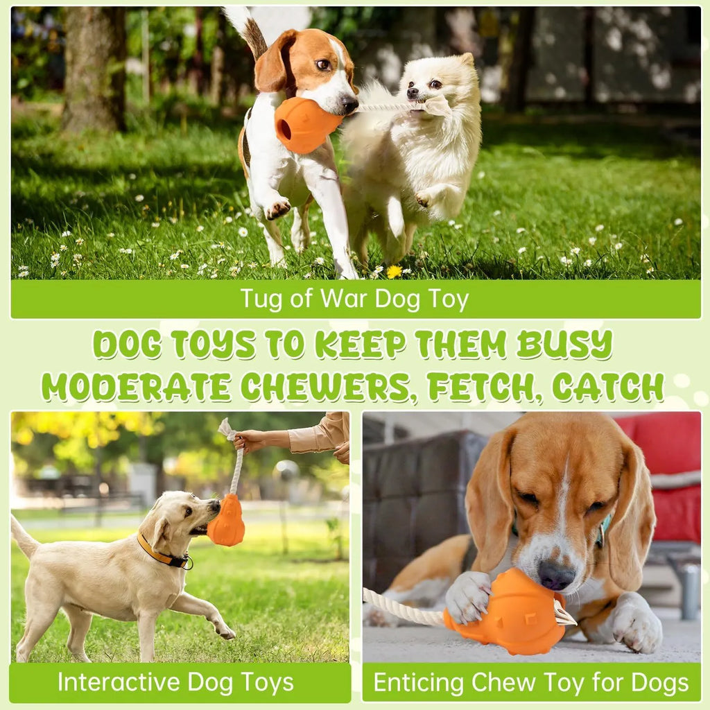 Natural rubber stuffable dog chew toy with longer strap for interactive fetch and treat dispensing