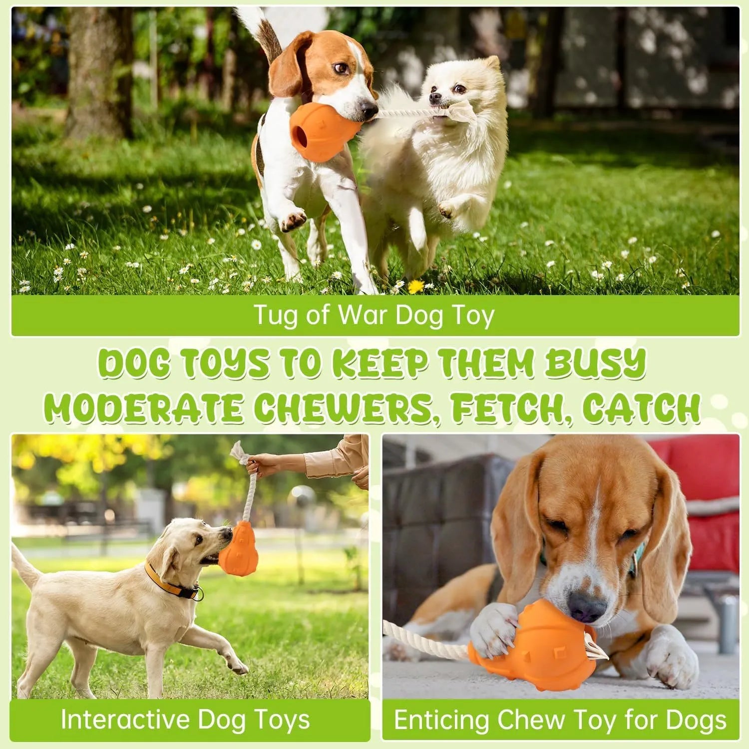 Natural rubber stuffable dog chew toy with longer strap for interactive fetch and treat dispensing