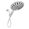 Portable handheld shower head with six function settings and an electroplated finish.