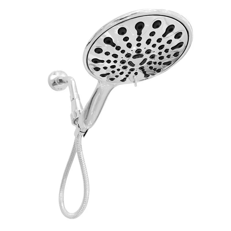 Portable handheld shower head with six function settings and an electroplated finish.