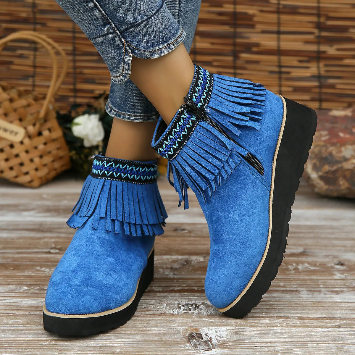 Women's suede wedge ankle boots with side zip and waterproof platform in three colour options
