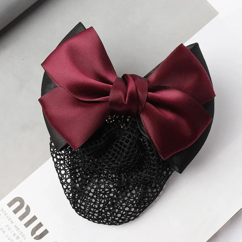 Professional waitress hair net with double bow clip in various colours including black, red, and blue mesh