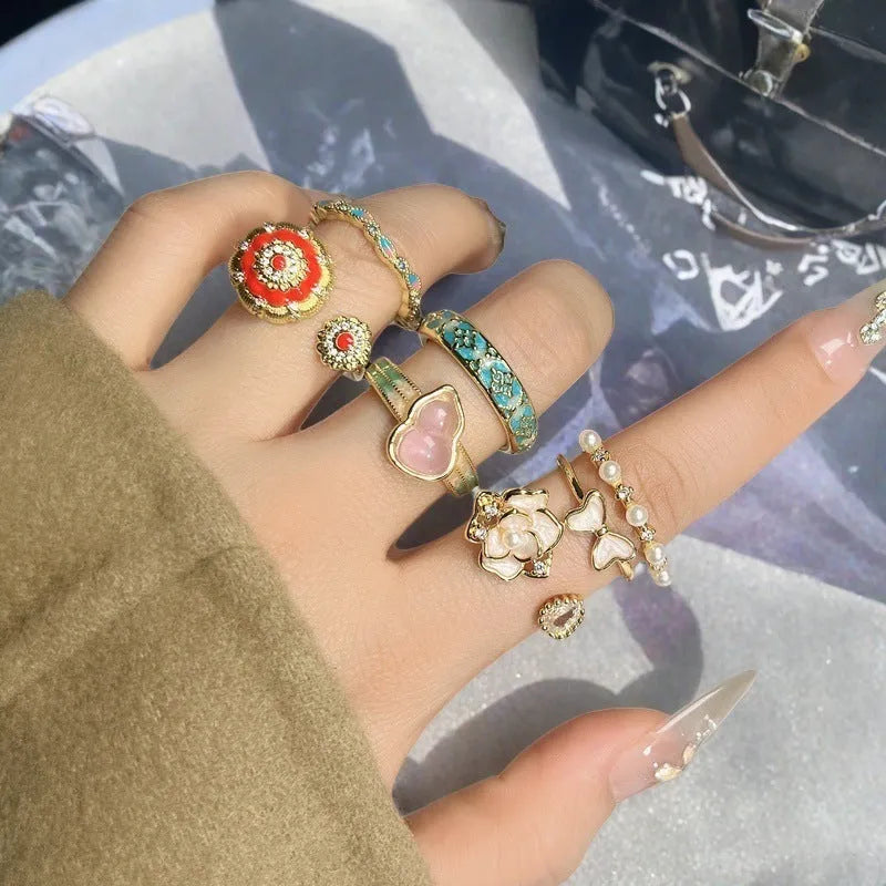 Adjustable vintage copper gourd ring with oil-dripping colour finish and inlaid zircon gemstones