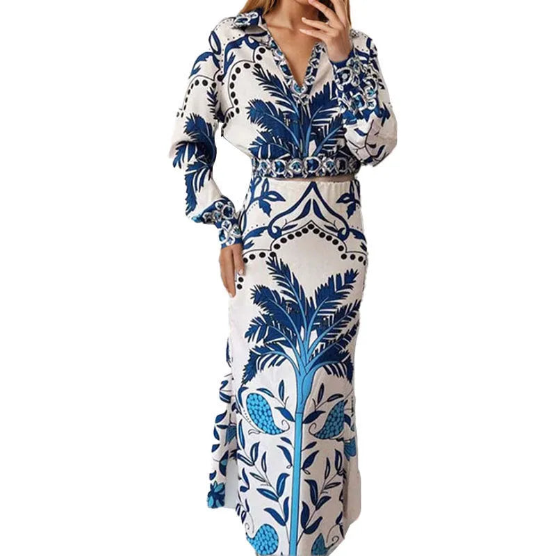 Women's casual co-ord set with long sleeve top and matching long skirt in picture colour