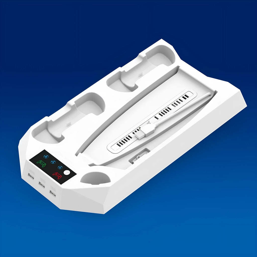PS5 charging base radiator in white with two controller charging ports and cooling function