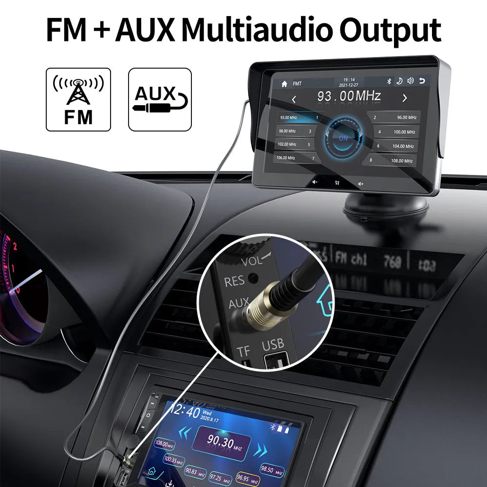 7-inch wireless CarPlay display with suction cup mount and cigarette lighter connector for vehicle installation