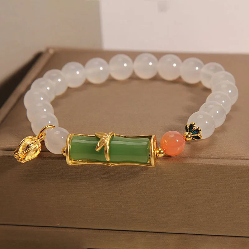 Chinese bamboo beaded bracelet with white agate jasper and jade beads for women