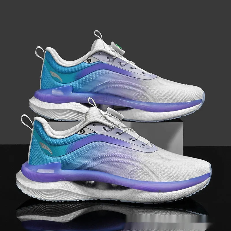 Men's high-top mesh running shoes in cotton candy colour with composite sole and lace-up closure
