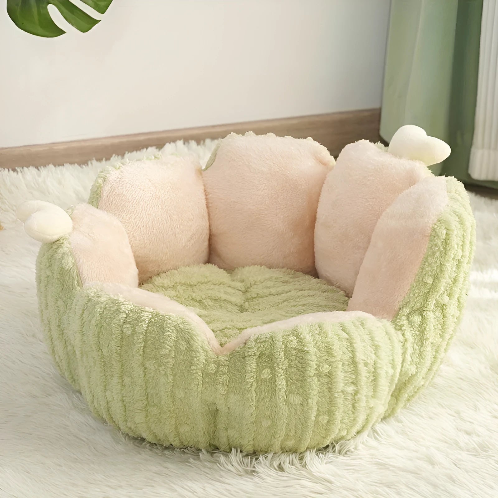 Soft fleece cat litter kennel in green colour showing both litter enclosure and pet bed functions