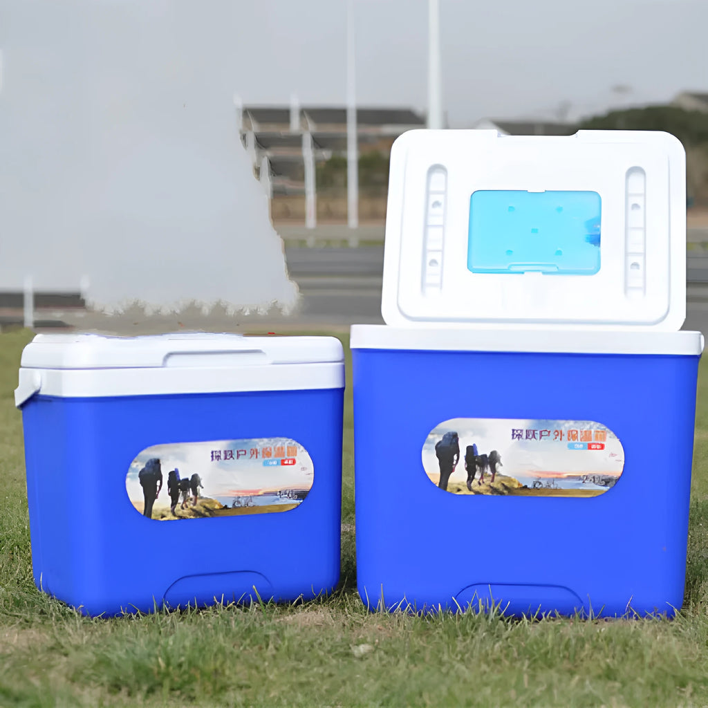 Blue aluminium foil portable insulated cooler box with 15L capacity for outdoor use.