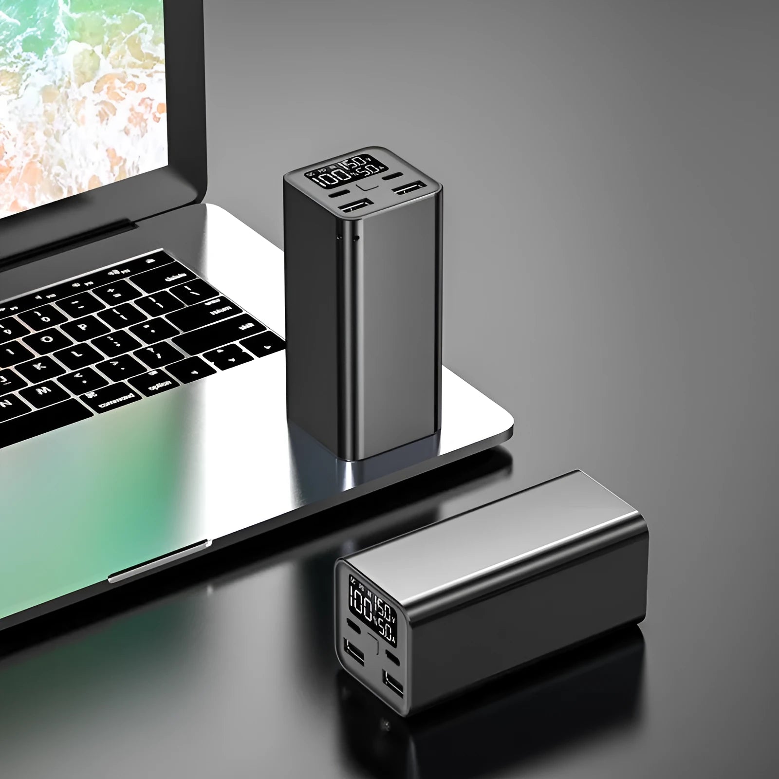 Black 65W metal power bank for laptop charging with 20000mAh capacity