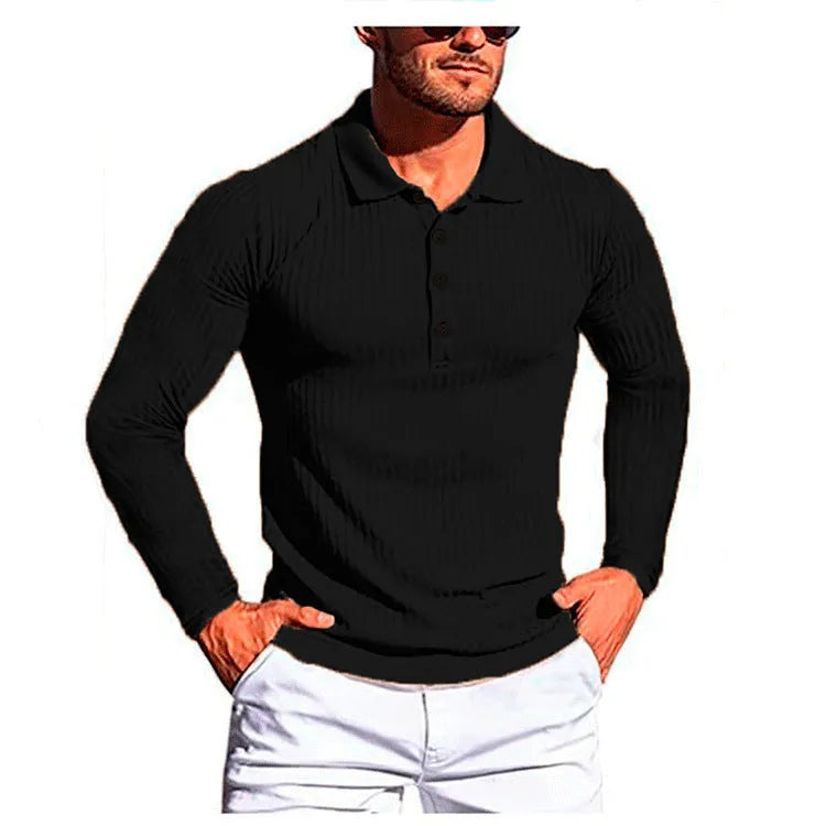 Man wearing a loose-fitting, striped, short-sleeve polyester shirt in a neutral colour.