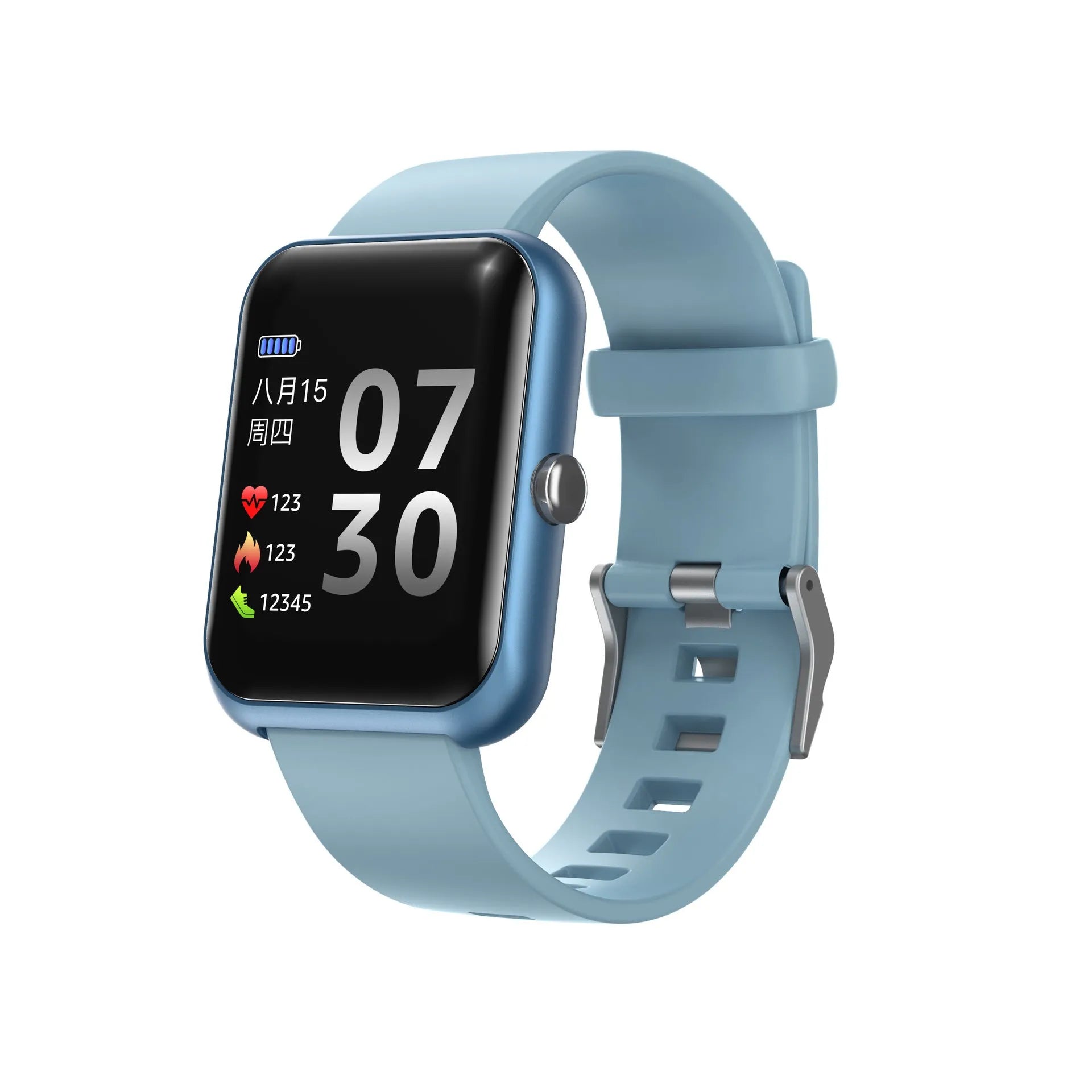 Square couple bracelet smartwatch with silicone strap and anodised aluminium metal case in multiple colours.