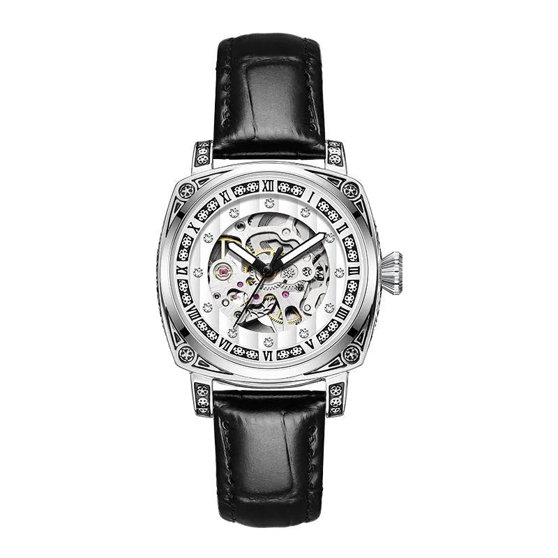 Leather strap mechanical watch with luminous hands showing black, red, steel strip and white colour options