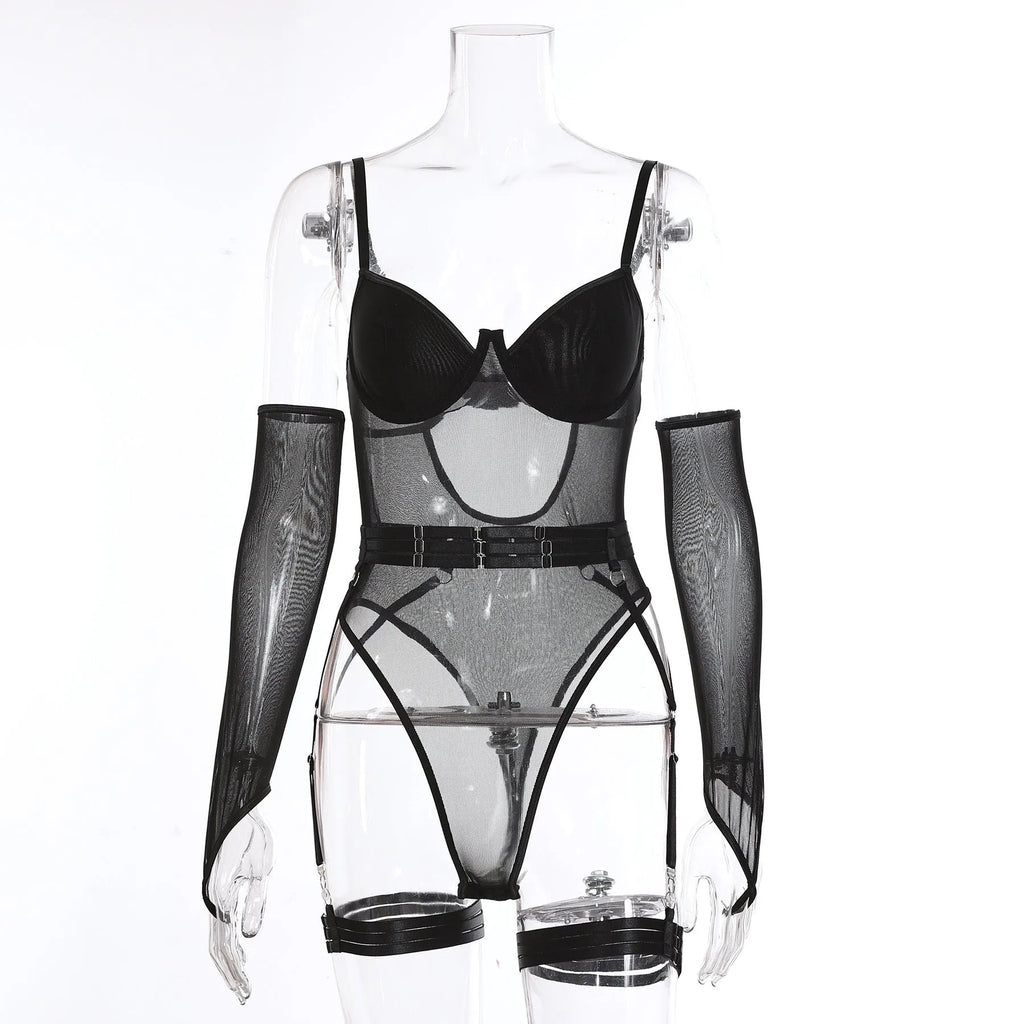 Women's transparent black mesh jumpsuit, a one-piece tights-style garment made from polyester fabric.