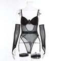 Women's transparent black mesh jumpsuit, a one-piece tights-style garment made from polyester fabric.