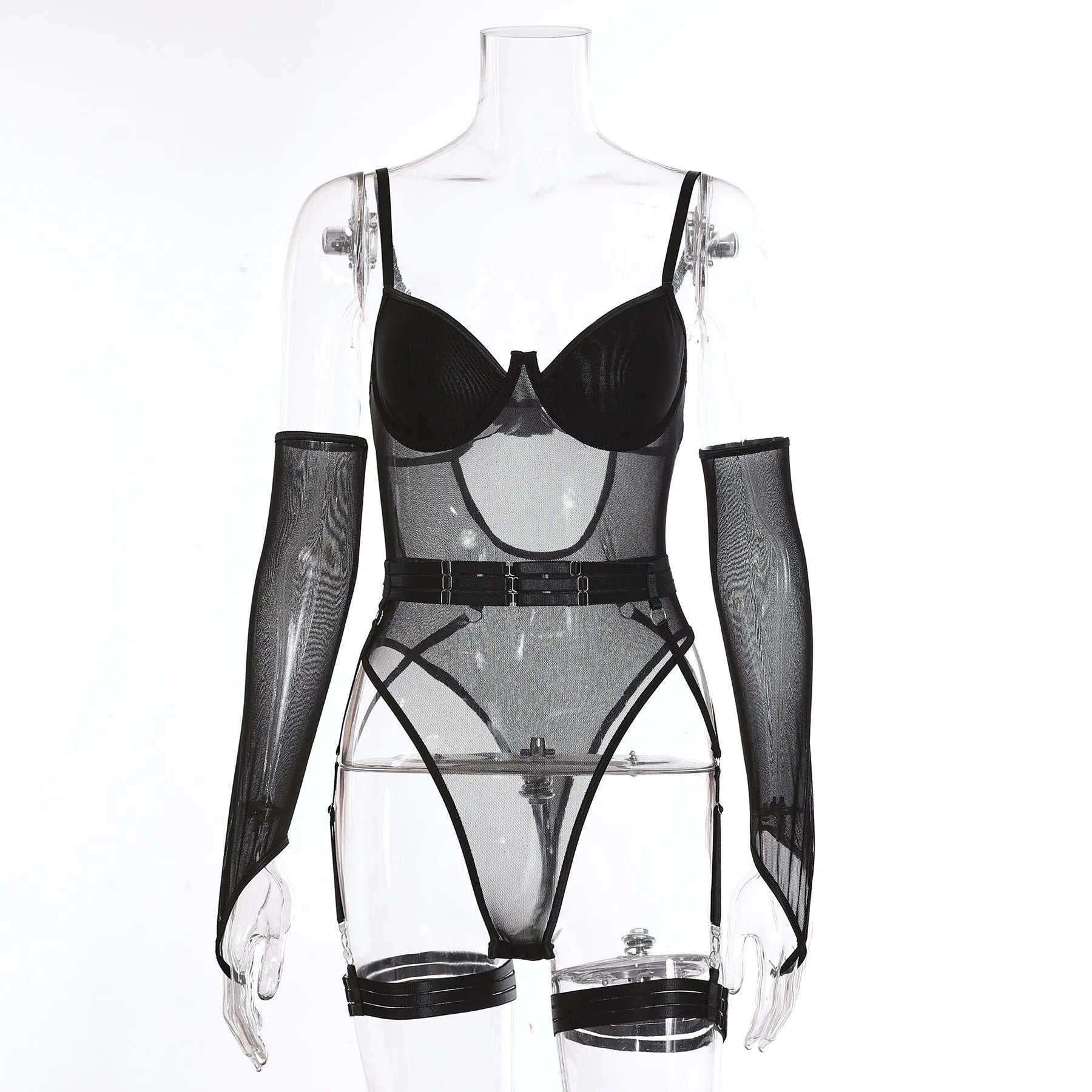 Women's transparent black mesh jumpsuit, a one-piece tights-style garment made from polyester fabric.