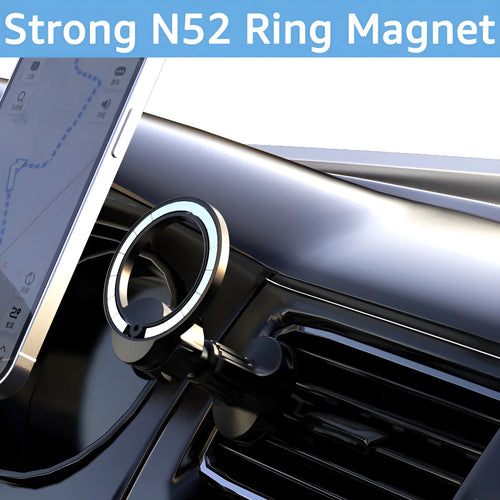 Black magnetic car phone holder with O-ring bracket for air vent mounting