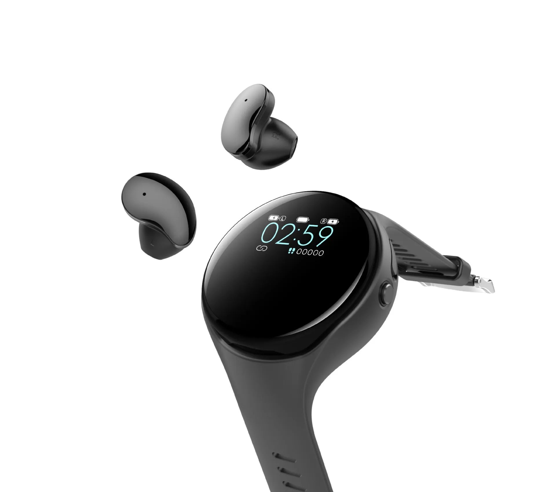 Black detachable smart bracelet with Bluetooth TWS earphones showing colour screen displaying heart rate